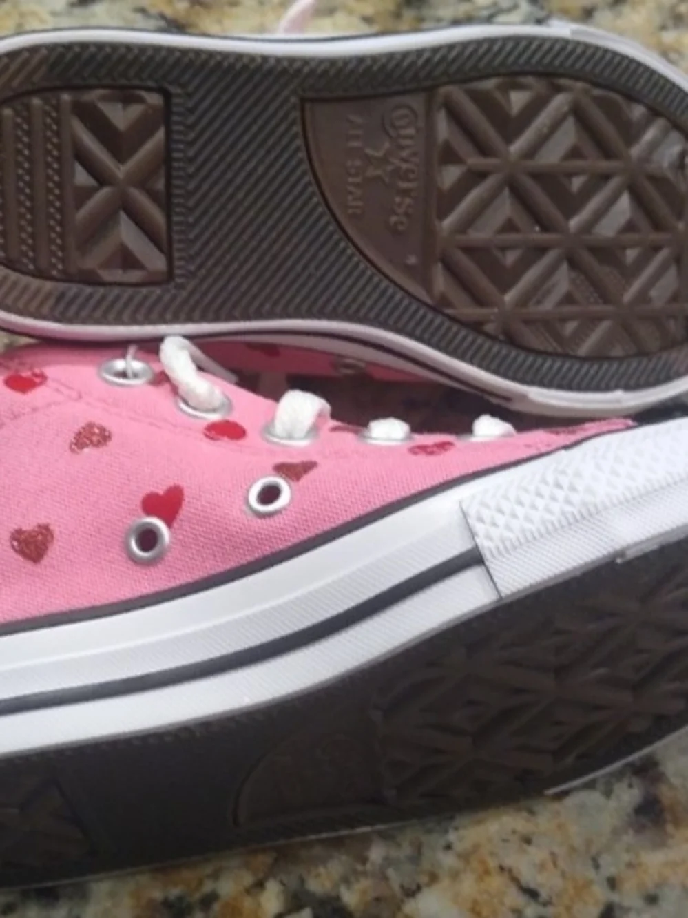 New Converse Toddler Girls' Pink Canvas Sneakers with Red Heart Accents Size 12.